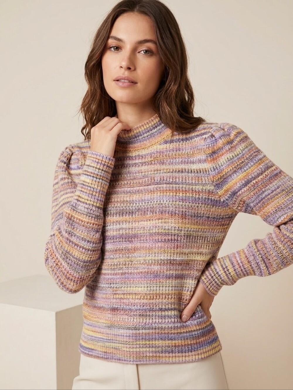 Rachel Zoe Striped Space Dye Knit Mock Neck Puff Sleeve Sweater M